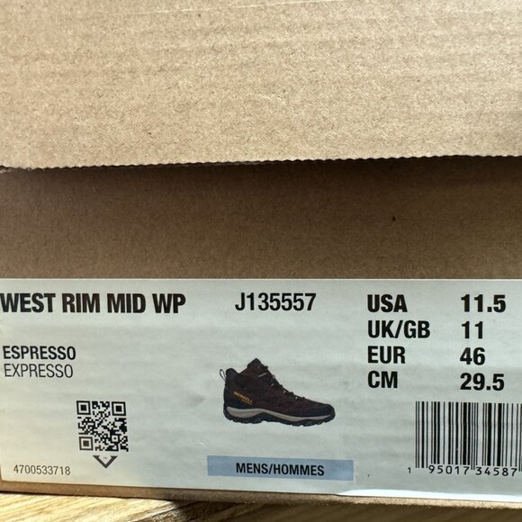 Merrell Mens West Rim Mid Waterproof Boots Espresso Size 11.5 M